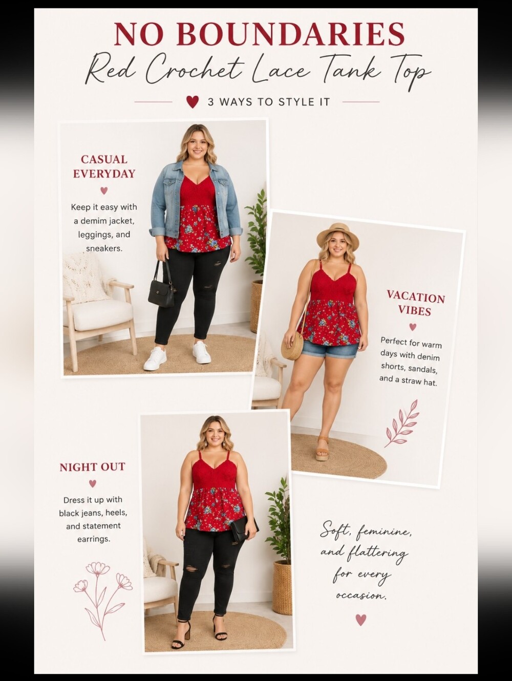 No Boundaries ~ Red Crochet Lace Floral Babydoll Tank Top | XXL Juniors